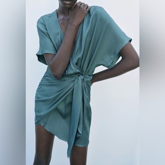 ZARA Women's Small Sea Green Satin Effect Faux Wrap Party Cocktail Mini Dress - Picture 4 of 14